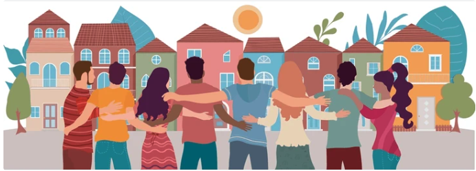 Illustration of neighbors standing together in front of homes in their community.